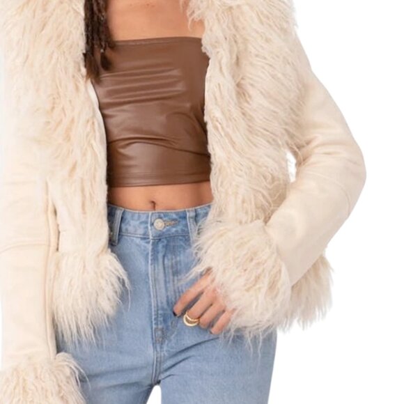 NEW EDIKTED FUZZY WILD FAUX FUR TRIM FAUX SUEDE JACKET FALL COWGIRL GLAM LARGE - Picture 7 of 7